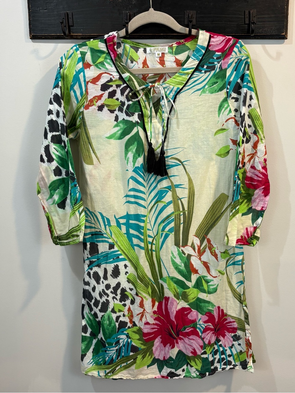 Debbie Katz South Beach Tropical Floral Tunic Tie Neck Cover Up Size Medium
